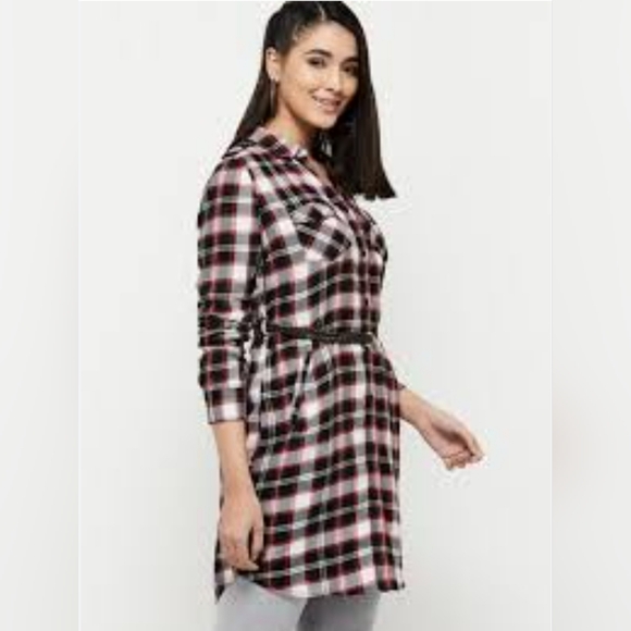 Northern Cabin plaid belted shirt tunic dress button front 100% polyester - Picture 1 of 5